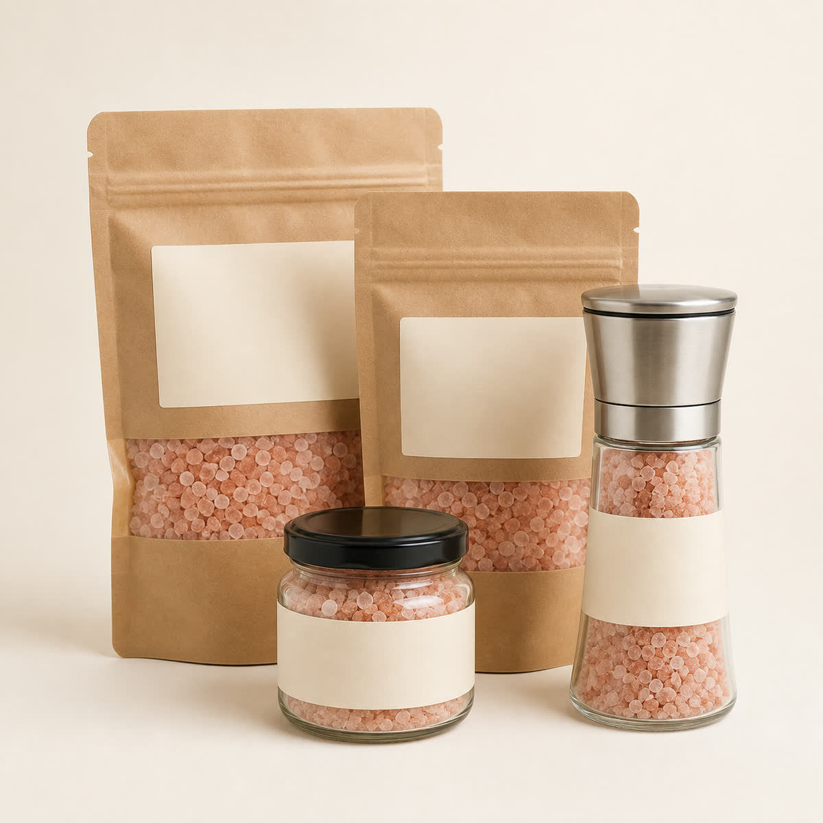 Unbranded kraft pouches, glass jar, and grinder ready for private labelling
